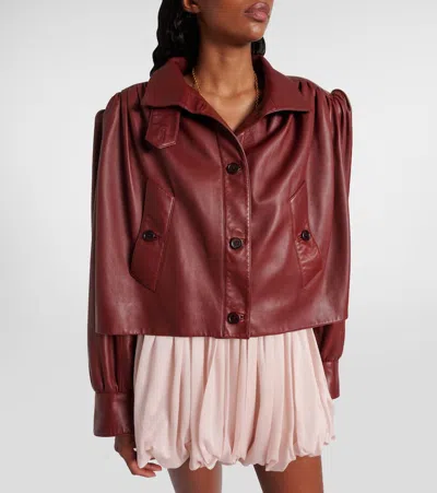 Chloé Puff-sleeve Plonge Leather Cropped Jacket In Burgundy