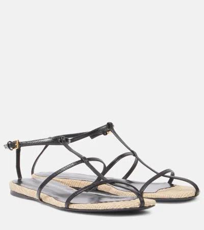 Khaite Cage Raffia And Leather Sandals In Black