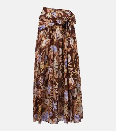 Zimmermann Coco Belted Pleated Floral-print Cotton-voile Maxi Skirt In Multi