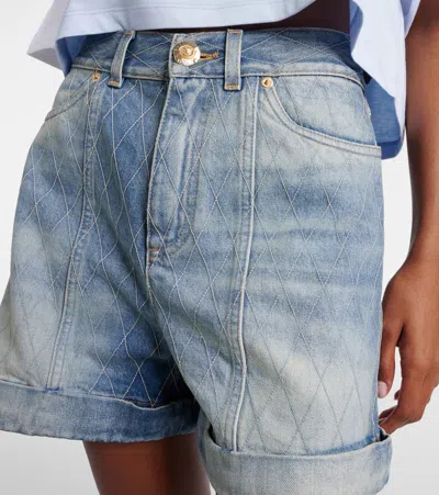 Balmain Rolled Hem Denim Shorts With Diamond Stitched Pattern In Blue