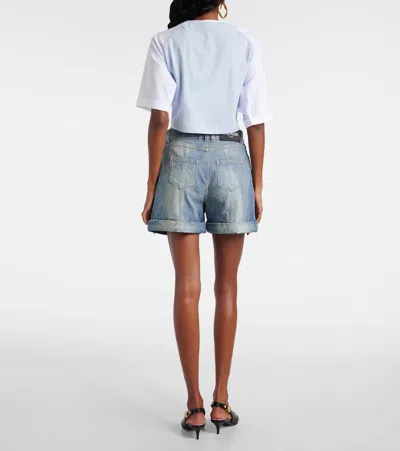 Balmain Rolled Hem Denim Shorts With Diamond Stitched Pattern In Blue