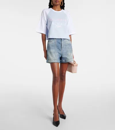 Balmain Rolled Hem Denim Shorts With Diamond Stitched Pattern In Blue