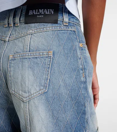 Balmain Rolled Hem Denim Shorts With Diamond Stitched Pattern In Blue