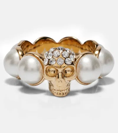 Alexander Mcqueen Crystal And Pearl Skull Rings In Gold