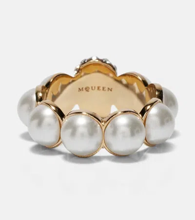 Alexander Mcqueen Crystal And Pearl Skull Rings In Gold