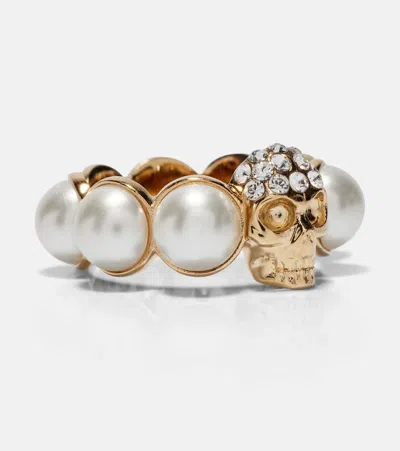 Alexander Mcqueen Crystal And Pearl Skull Rings In Gold