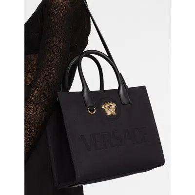 Versace Small Medusa Canvas Tote Bag In Black