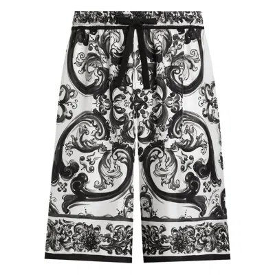 Dolce & Gabbana Maiolica Black And White Shorts With Elastic Drawstring Closure And All-over Print In Silk Man