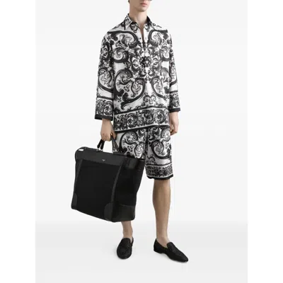 Dolce & Gabbana Maiolica Black And White Shorts With Elastic Drawstring Closure And All-over Print In Silk Man