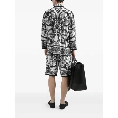 Dolce & Gabbana Maiolica Black And White Shorts With Elastic Drawstring Closure And All-over Print In Silk Man