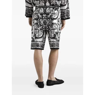 Dolce & Gabbana Maiolica Black And White Shorts With Elastic Drawstring Closure And All-over Print In Silk Man