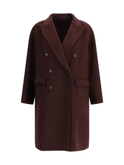 Brunello Cucinelli Double-breasted Coat With Peaked Lapels And Button Detailing In Burgundy