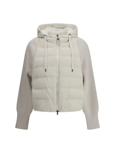 Brunello Cucinelli Two-material Puffer Jacket Casual Jackets And Parka White In Neutral