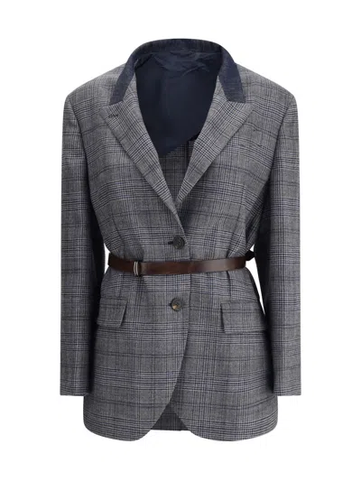 Brunello Cucinelli Waist Belted Checkered Pattern Blazer