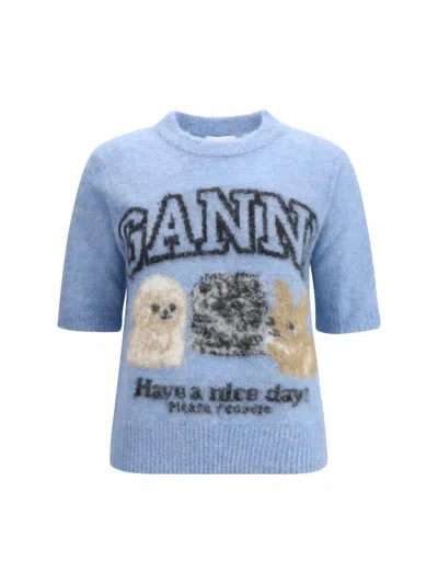 Ganni Womens Soft Chambray Logo Puppies Wool-blend Knit Top