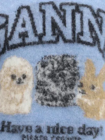 Ganni Womens Soft Chambray Logo Puppies Wool-blend Knit Top