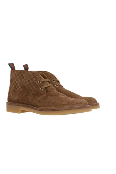 Gucci Brown Oxford Shoes With Web Detail On The Heel And Low Heel In Gg Canvas Man