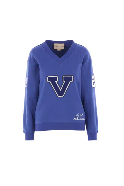 Valentino Blue Sweatshirt With V And Le Chat De La Maison Embroidery