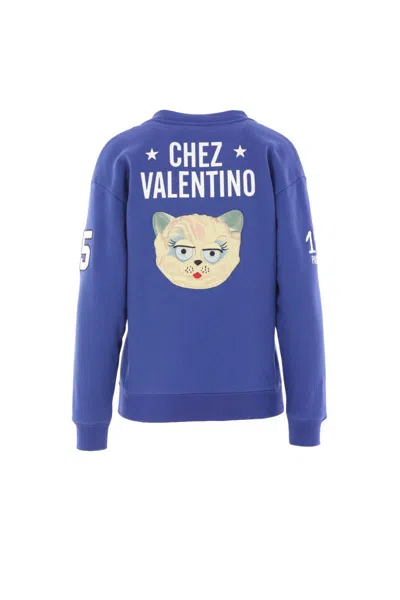 Valentino Blue Sweatshirt With V And Le Chat De La Maison Embroidery