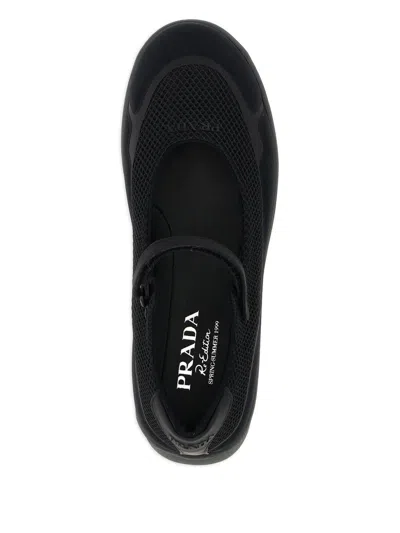 Prada Mesh Upper Round Toe Rubber Sole Ballerinas In Black