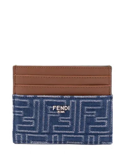 Fendi Blue Denim Effect Ff Jacquard Card Holder And Brown Leather Men In Blue