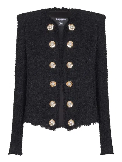Balmain Tweed Jacket With Frayed Edges And Gold-tone Buttons