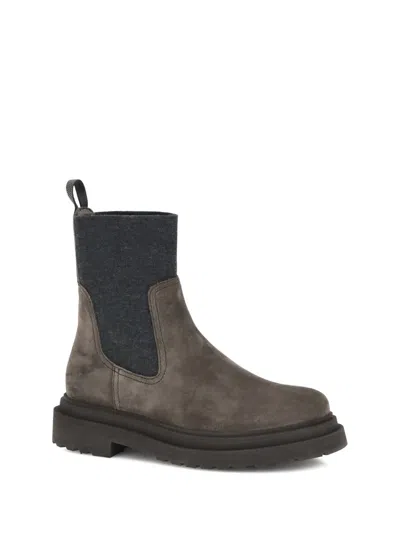 Brunello Cucinelli Brown Ankle Boots With Pull-tab With Monil At The Heel In Suede Woman