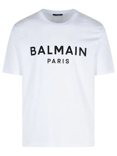 Balmain White Crewneck T-shirt With Contrasting Logo Lettering Print In White
