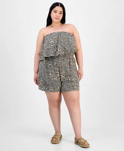 Full Circle Trends Trendy Plus Size Printed Strapless Romper In Animal Print