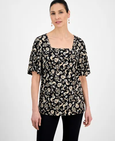 Jm Collection Petite Floral-print Flutter-sleeve Top, Exclusively At Macy's In Multi
