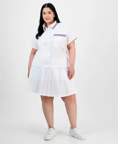 Full Circle Trends Trendy Plus Size Button-front Shirt & Pleated Skirt In White