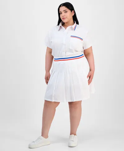 Full Circle Trends Trendy Plus Size Button-front Shirt & Pleated Skirt In White