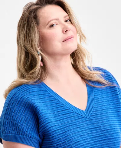 Style & Co Plus Size V-neck Dolman-sleeve Top, Exclusively At Macy's In Blue