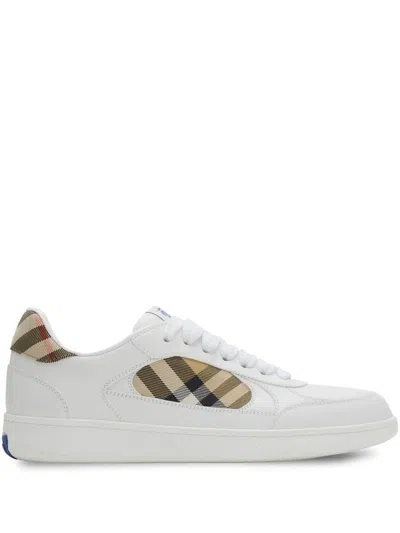 Burberry Men Low-top Leather Sneakers With Check Inserts