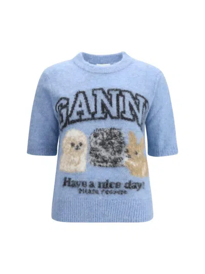 Ganni Womens Soft Chambray Logo Puppies Wool-blend Knit Top