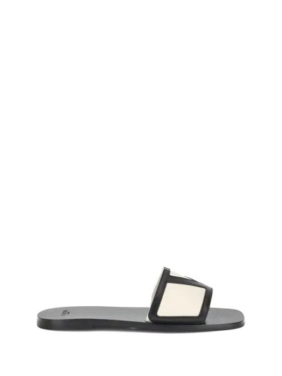 Valentino Butter White And Black Synthetic Slides With Wide Strap