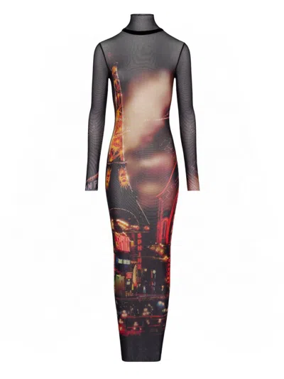 Shop Jean Paul Gaultier Turtleneck Mesh Long Dress Printed "pigalle" Clothing