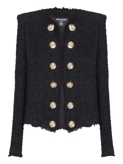 Balmain Tweed Jacket With Frayed Edges And Gold-tone Buttons