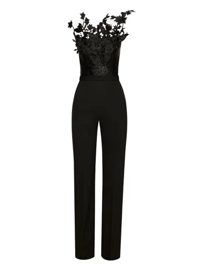 Oscar De La Renta Metallic Cherry Blossom Embroidered Jumpsuit In Black