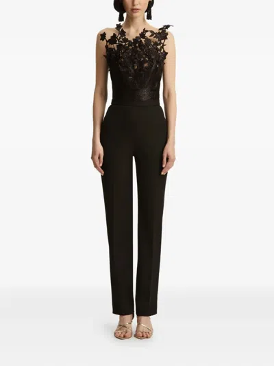 Oscar De La Renta Metallic Cherry Blossom Embroidered Jumpsuit In Black