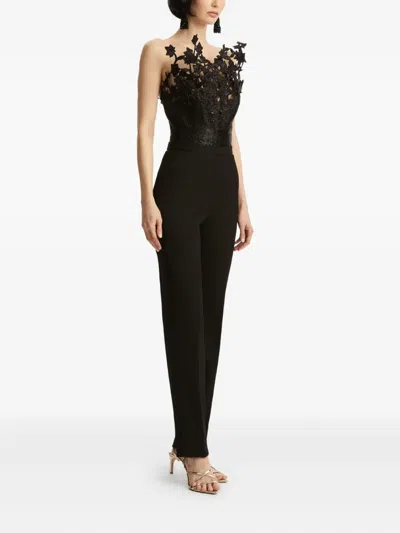 Oscar De La Renta Metallic Cherry Blossom Embroidered Jumpsuit In Black