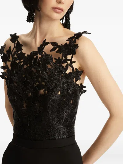 Oscar De La Renta Metallic Cherry Blossom Embroidered Jumpsuit In Black