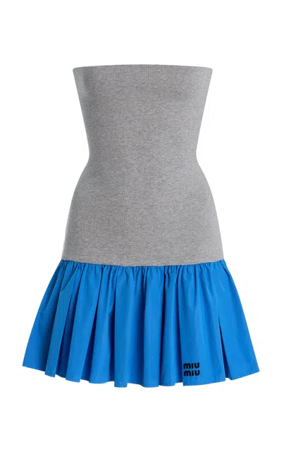 Miu Miu Pleated Two-tone Mini Skirt With Poplin And Jersey In Gray
