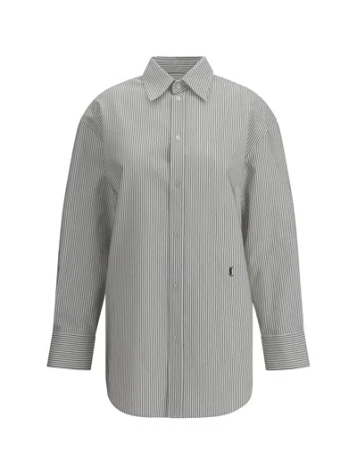 Saint Laurent Grey Shirt With Cassandre Embroidery And All-over Striped Motif In Cotton Woman In White