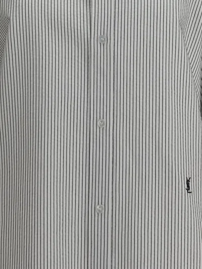 Saint Laurent Grey Shirt With Cassandre Embroidery And All-over Striped Motif In Cotton Woman In White