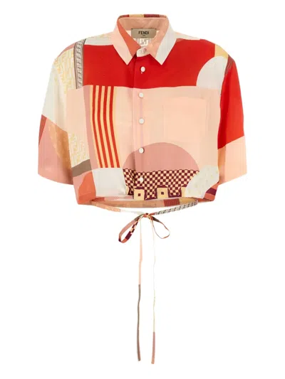 Fendi Patchwork Print Cropped Silk Shirt In Multi