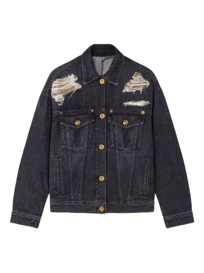 Versace Denim Jacket Distressed Front Pockets In Black