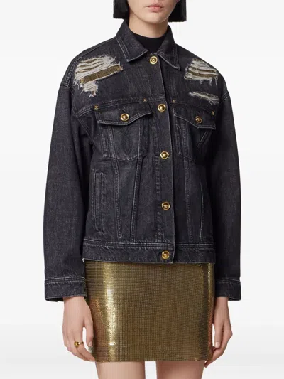 Versace Denim Jacket Distressed Front Pockets In Black