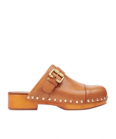 Chloé Calfskin Mules Bold Wooden Platform In Brown