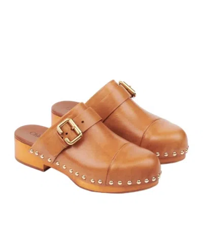 Chloé Calfskin Mules Bold Wooden Platform In Brown